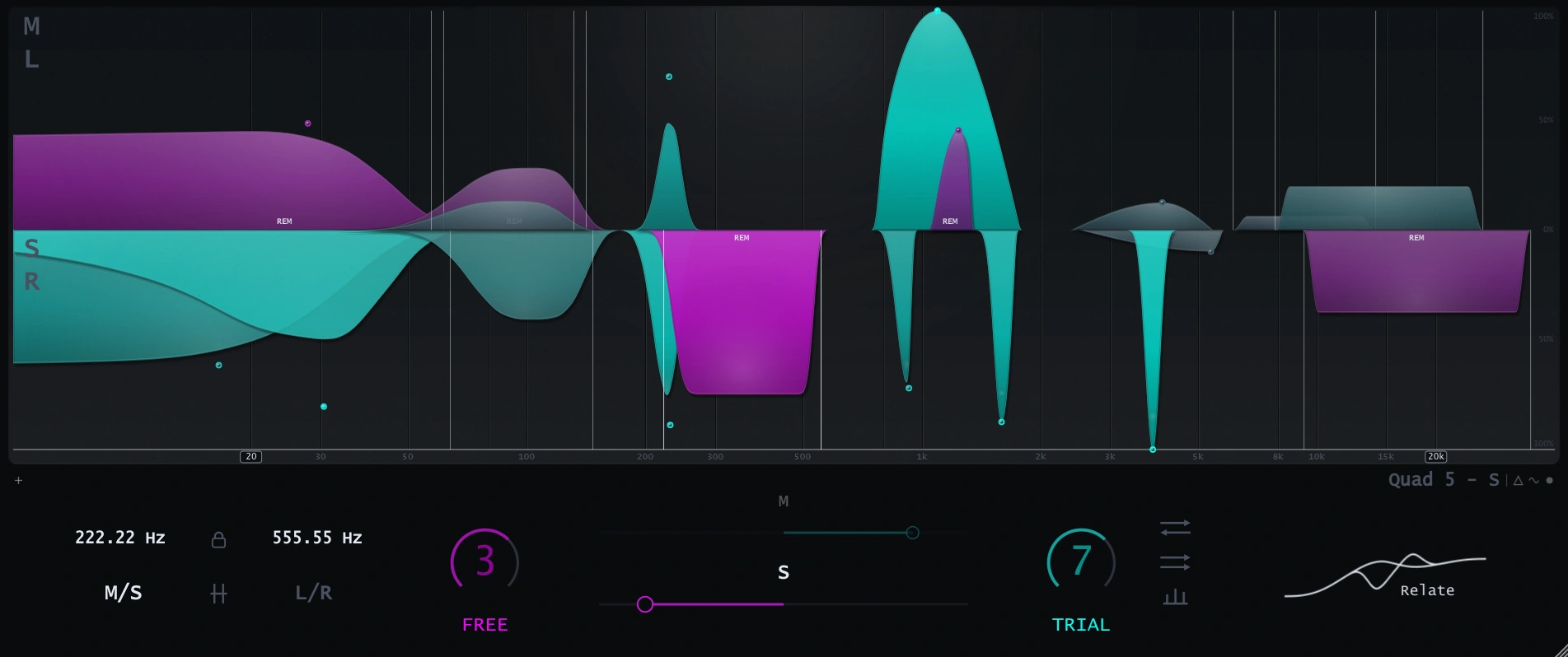 Relate interface, DEFAULT skin &mdash; spectral analyzer with CURVE and QUAD objects across M/S and L/R domains
